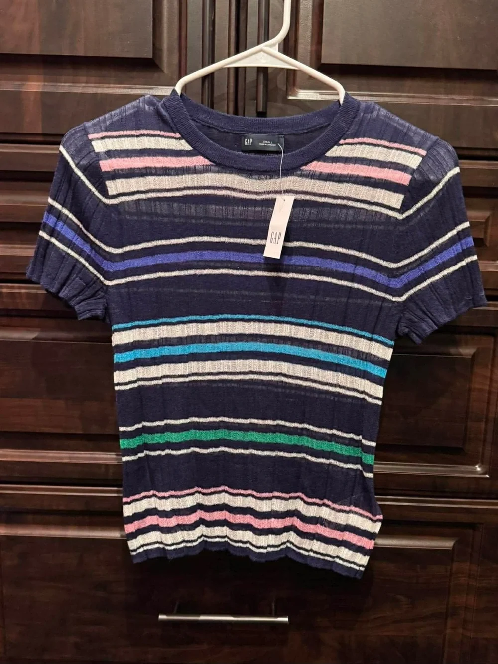 GAP Navy Short-Sleeve Striped Knit Sweater SMALL